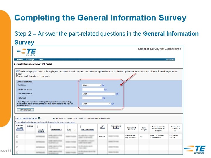 Completing the General Information Survey Step 2 – Answer the part-related questions in the