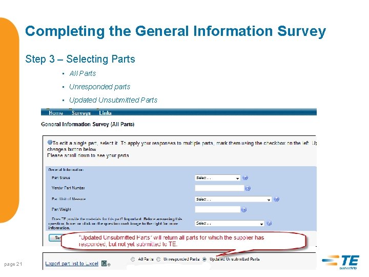 Completing the General Information Survey Step 3 – Selecting Parts • All Parts •