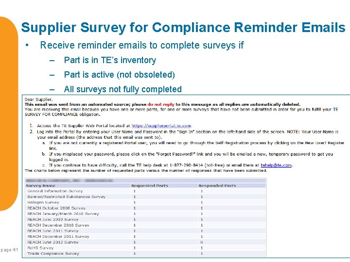 Supplier Survey for Compliance Reminder Emails • page 41 Receive reminder emails to complete