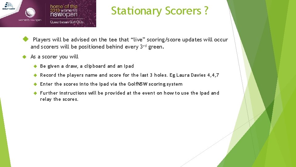Stationary Scorers ? Players will be advised on the tee that “live” scoring/score updates Stationary Scorers ? Players will be advised on the tee that “live” scoring/score updates