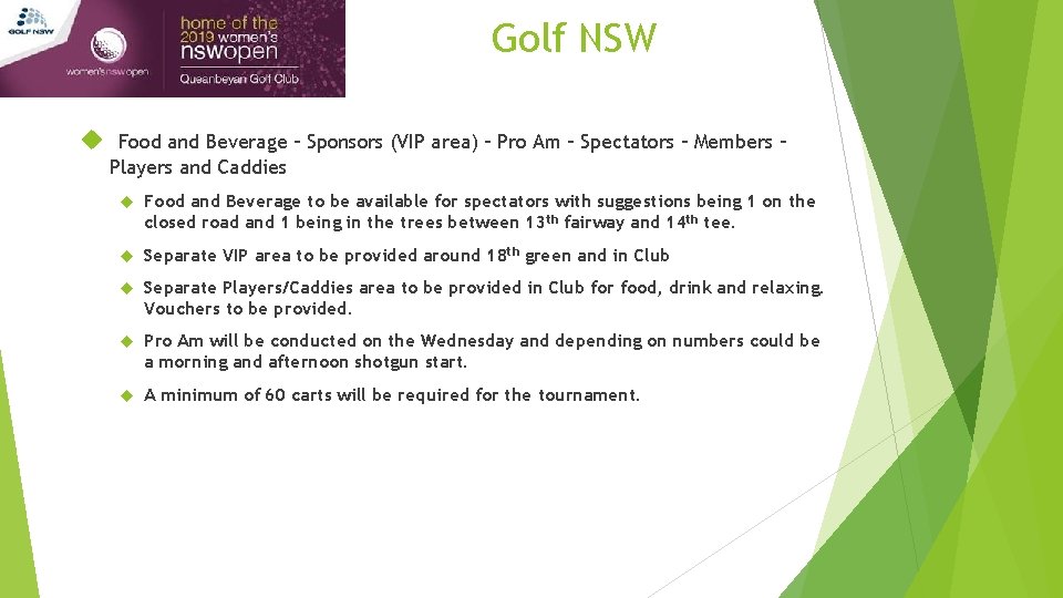 Golf NSW Food and Beverage – Sponsors (VIP area) – Pro Am – Spectators