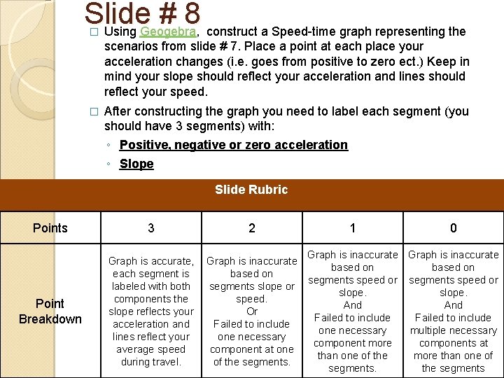 Slide # 8 Using Geogebra, construct a Speed-time graph representing the � scenarios from