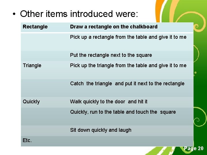  • Other items introduced were: Rectangle Draw a rectangle on the chalkboard Pick