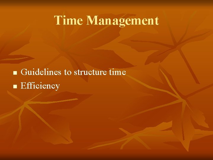 Time Management n n Guidelines to structure time Efficiency 