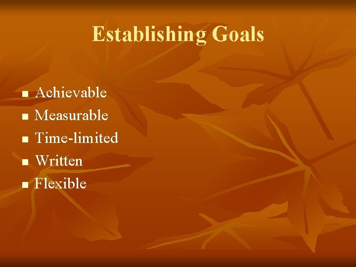 Establishing Goals n n n Achievable Measurable Time-limited Written Flexible 