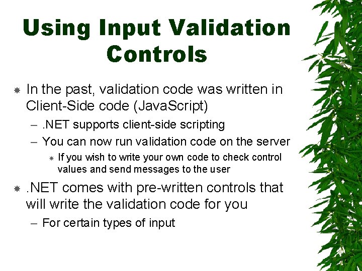 Using Input Validation Controls In the past, validation code was written in Client-Side code