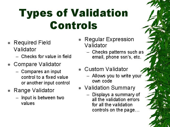 Types of Validation Controls Required Field Validator – Checks patterns such as email, phone