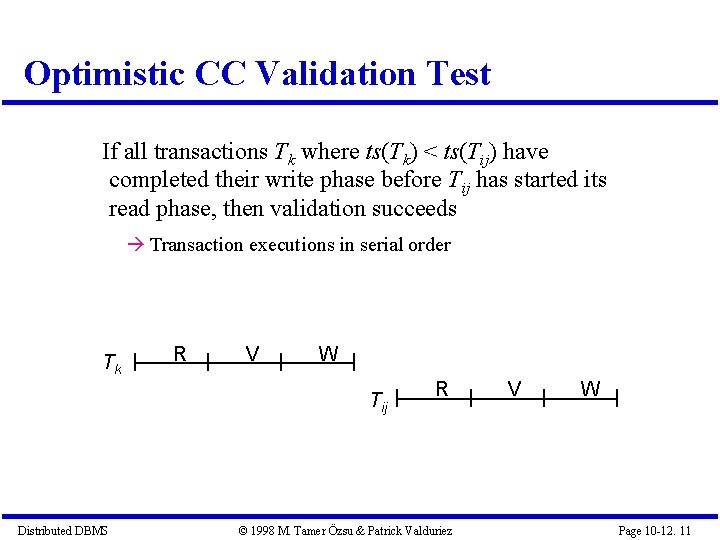 Optimistic CC Validation Test If all transactions Tk where ts(Tk) < ts(Tij) have completed