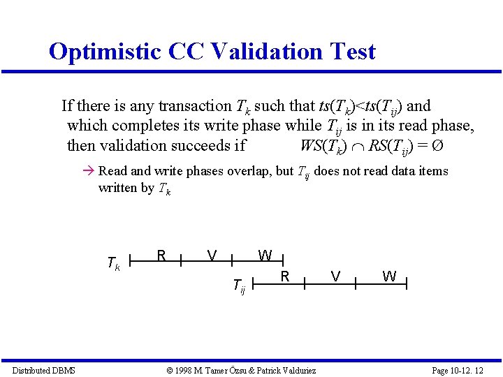 Optimistic CC Validation Test If there is any transaction Tk such that ts(Tk)<ts(Tij) and