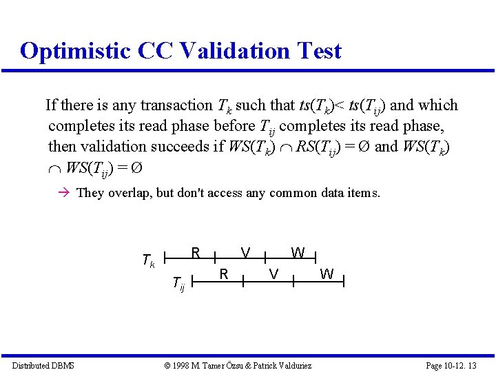 Optimistic CC Validation Test If there is any transaction Tk such that ts(Tk)< ts(Tij)