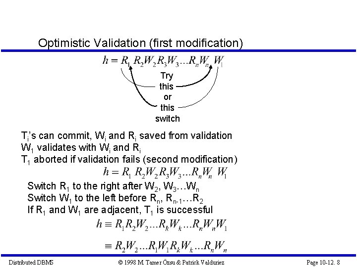 Optimistic Validation (first modification) Try this or this switch Ti’s can commit, Wi and