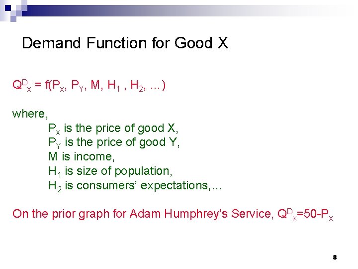 Demand Function for Good X QDx = f(Px, PY, M, H 1 , H