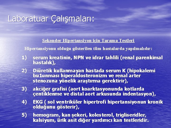 Laboratuar Çalışmaları: Sekonder Hipertansiyon için Tarama Testleri Hipertansiyonu olduğu gösterilen tüm hastalarda yapılmalıdır: 1)