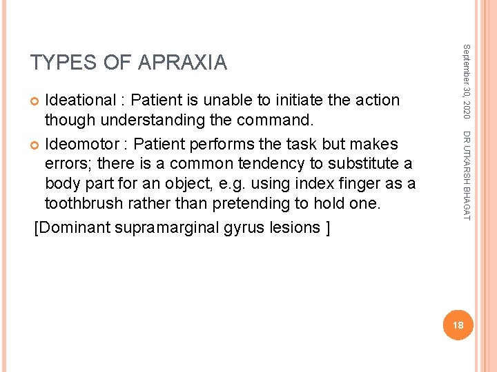 DR UTKARSH BHAGAT Ideational : Patient is unable to initiate the action though understanding