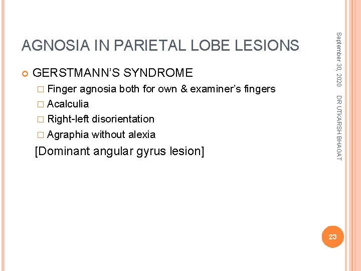  GERSTMANN’S SYNDROME � Finger [Dominant angular gyrus lesion] DR UTKARSH BHAGAT agnosia both
