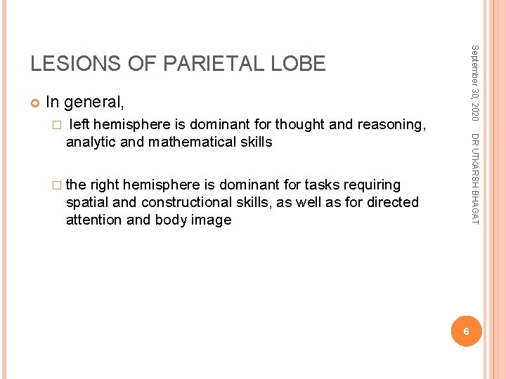September 30, 2020 LESIONS OF PARIETAL LOBE In general, � DR UTKARSH BHAGAT left