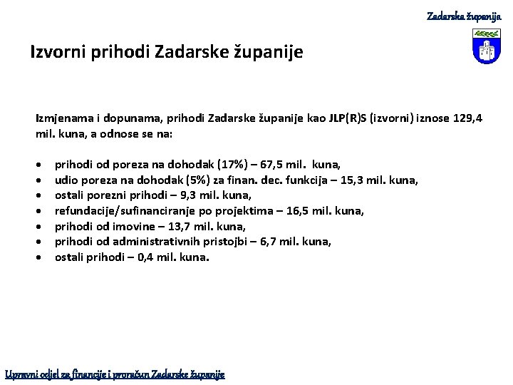 Zadarska županija Izvorni prihodi Zadarske županije Izmjenama i dopunama, prihodi Zadarske županije kao JLP(R)S