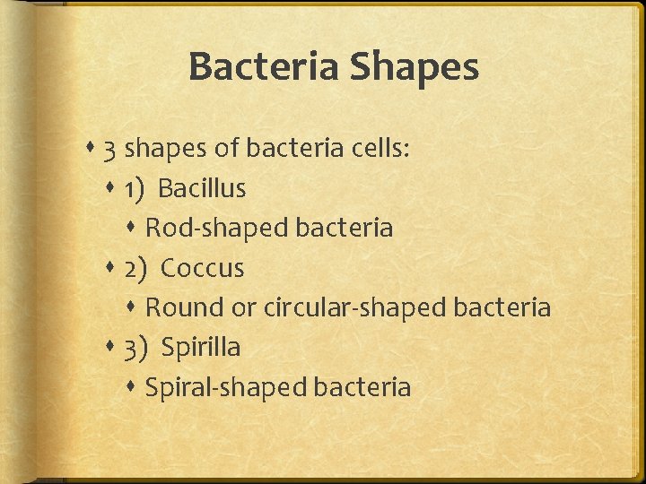 Bacteria Shapes 3 shapes of bacteria cells: 1) Bacillus Rod-shaped bacteria 2) Coccus Round