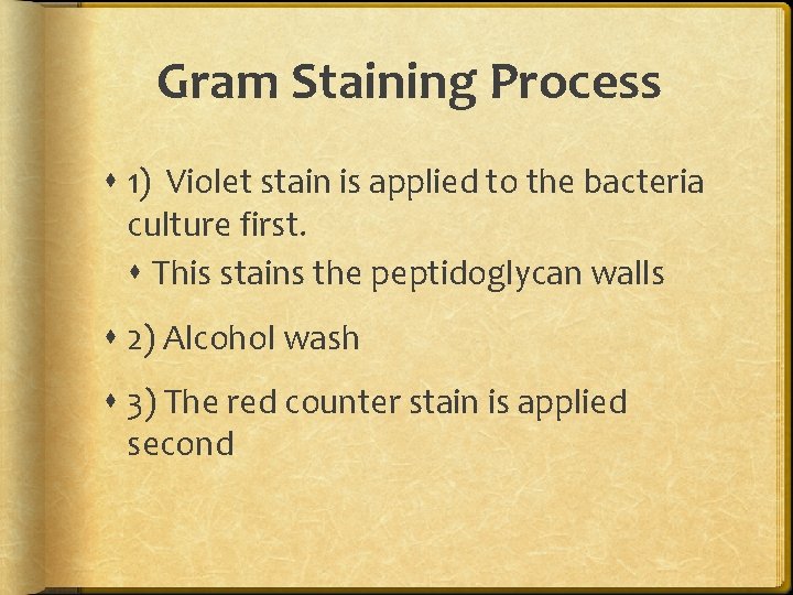 Gram Staining Process 1) Violet stain is applied to the bacteria culture first. This Gram Staining Process 1) Violet stain is applied to the bacteria culture first. This