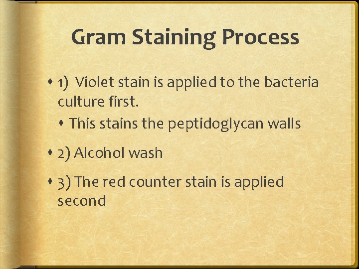 Gram Staining Process 1) Violet stain is applied to the bacteria culture first. This