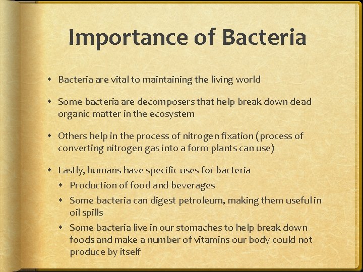 Importance of Bacteria are vital to maintaining the living world Some bacteria are decomposers