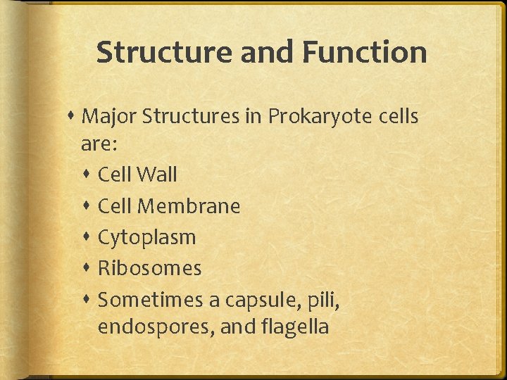 Structure and Function Major Structures in Prokaryote cells are: Cell Wall Cell Membrane Cytoplasm Structure and Function Major Structures in Prokaryote cells are: Cell Wall Cell Membrane Cytoplasm