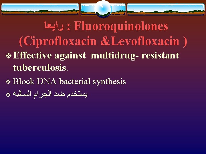  ﺭﺍﺑﻌﺎ : Fluoroquinolones (Ciprofloxacin &Levofloxacin ) v Effective against multidrug- resistant tuberculosis. v
