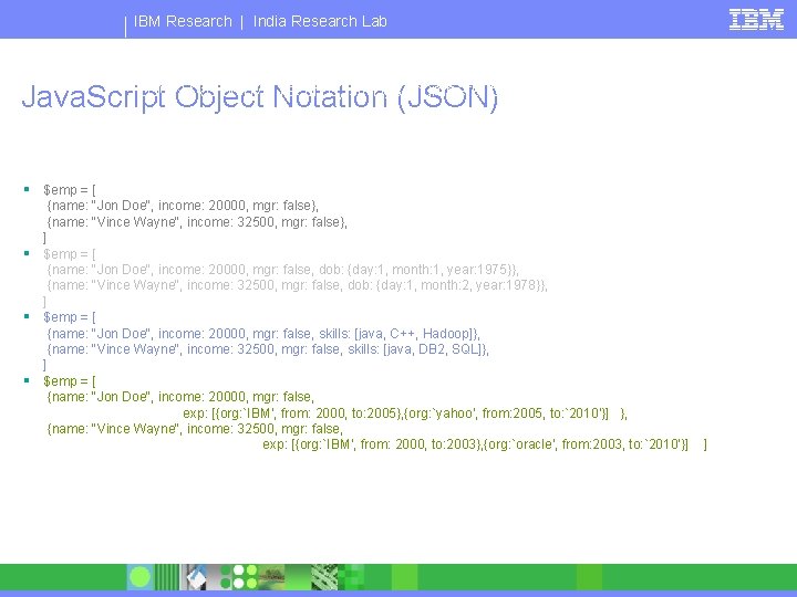 IBM Research | India Research Lab JSON has arrays, records, strings, numbers, boolean, and