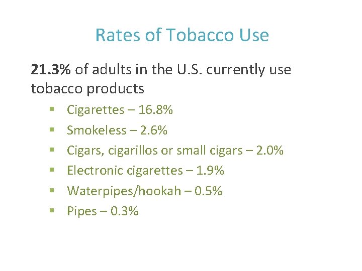 Rates of Tobacco Use 21. 3% of adults in the U. S. currently use