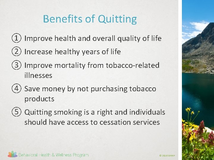Benefits of Quitting ① Improve health and overall quality of life ② Increase healthy