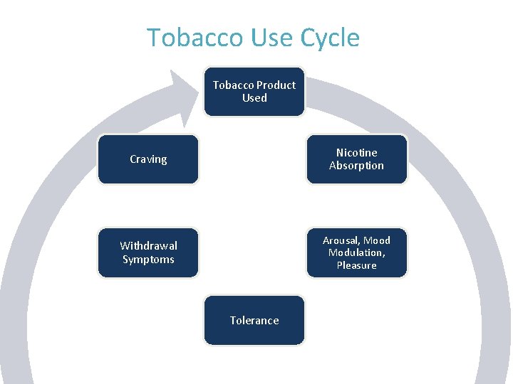 Tobacco Use Cycle Tobacco Product Used Craving Nicotine Absorption Withdrawal Symptoms Arousal, Mood Modulation,