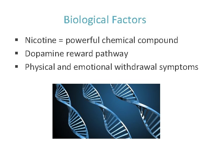 Biological Factors § Nicotine = powerful chemical compound § Dopamine reward pathway § Physical