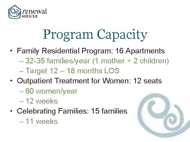 Program Capacity • Family Residential Program: 16 Apartments – 32 -35 families/year (1 mother