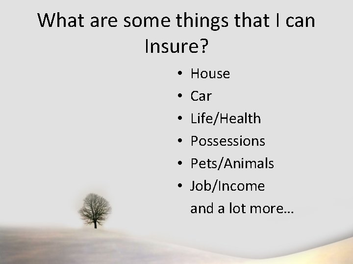 What are some things that I can Insure? • • • House Car Life/Health