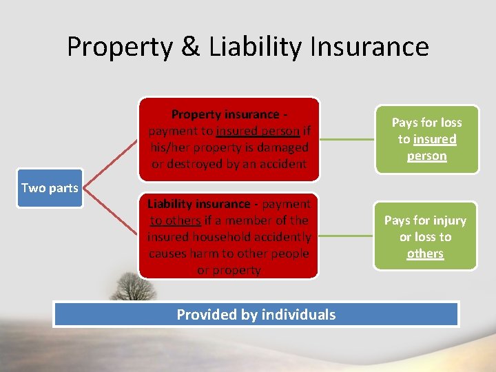 Property & Liability Insurance Two parts Property insurance payment to insured person if his/her