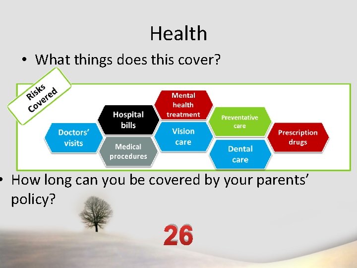 Health • What things does this cover? • How long can you be covered