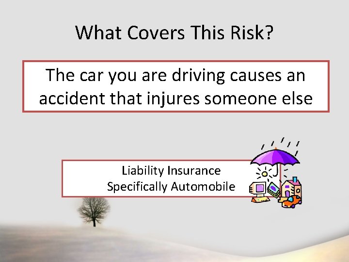 What Covers This Risk? The car you are driving causes an accident that injures