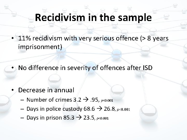 Recidivism in the sample • 11% recidivism with very serious offence (> 8 years