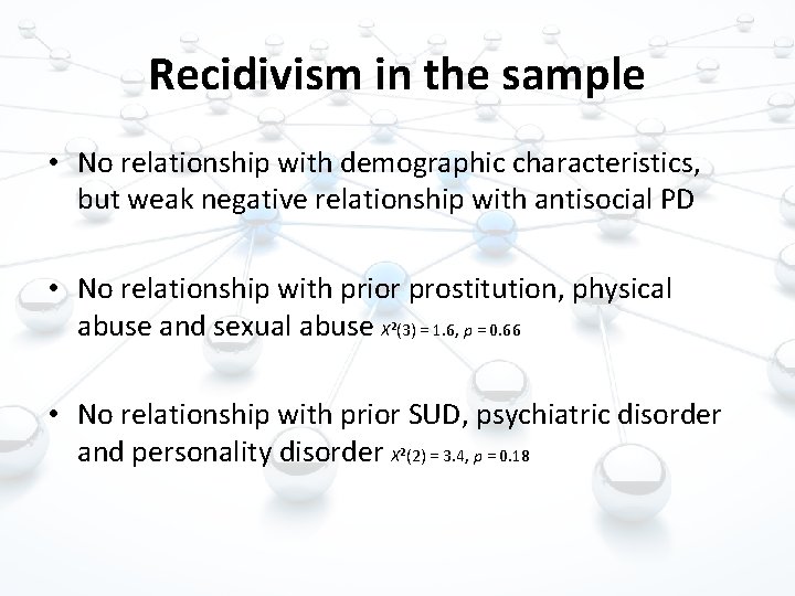 Recidivism in the sample • No relationship with demographic characteristics, but weak negative relationship