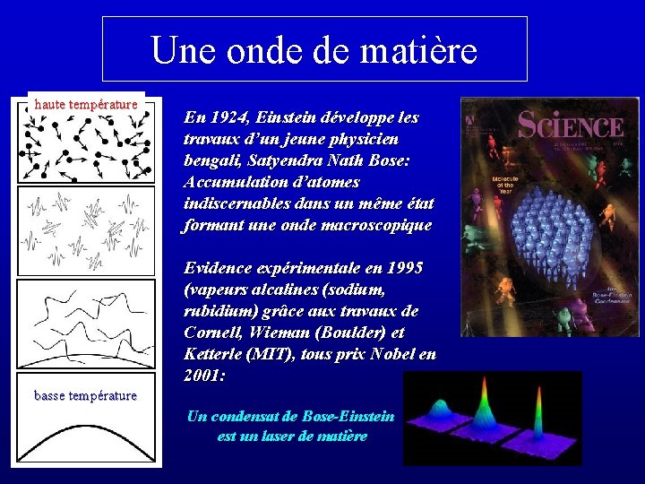 Une onde de matière haute température En 1924, Einstein développe les travaux d’un jeune