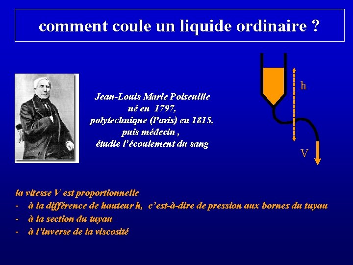 comment coule un liquide ordinaire ? Jean-Louis Marie Poiseuille né en 1797, polytechnique (Paris)