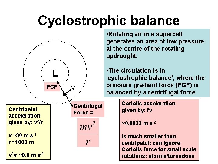 Cyclostrophic balance • Rotating air in a supercell generates an area of low pressure