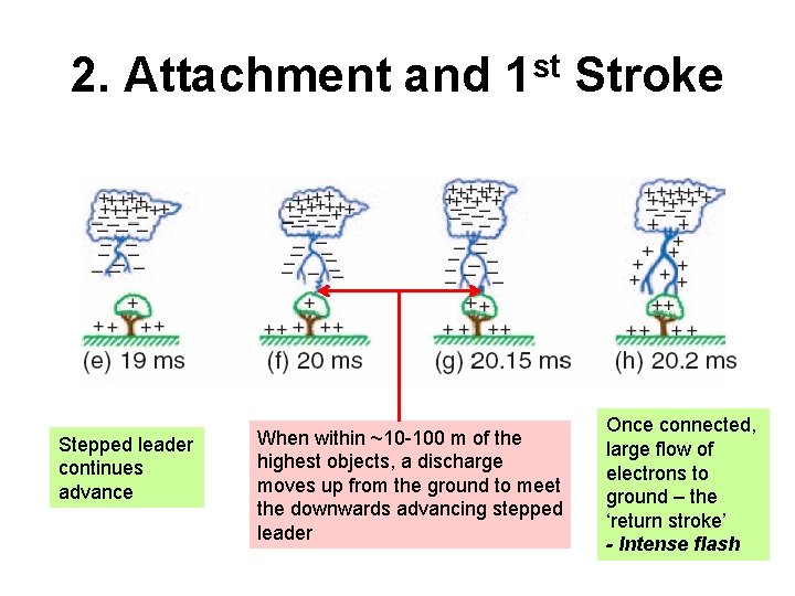 2. Attachment and 1 st Stroke Stepped leader continues advance When within ~10 -100