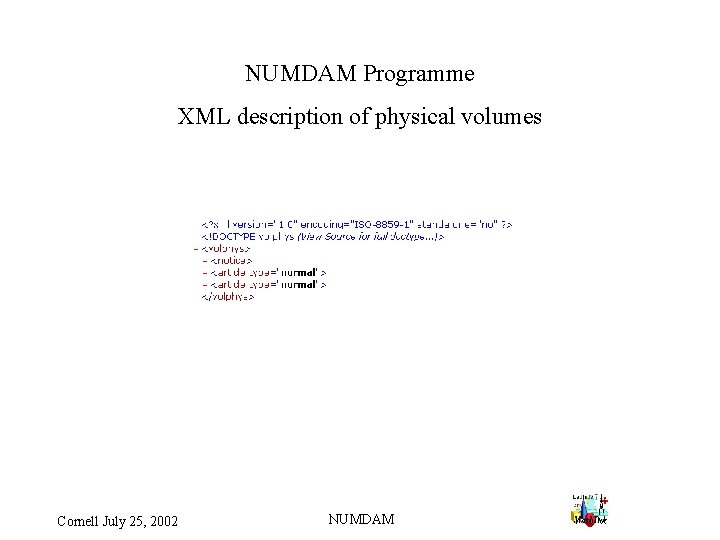 NUMDAM Programme XML description of physical volumes Cornell July 25, 2002 NUMDAM 