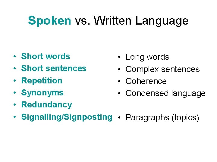 Spoken vs. Written Language • • • Short words Short sentences Repetition Synonyms Redundancy