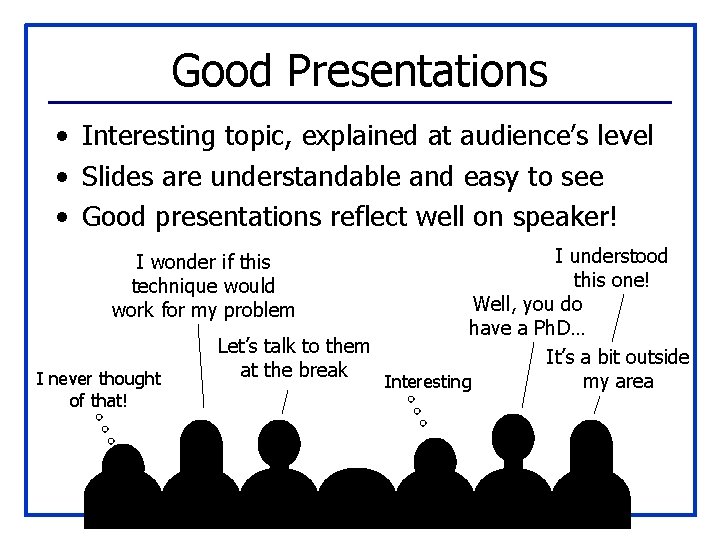 Good Presentations • Interesting topic, explained at audience’s level • Slides are understandable and