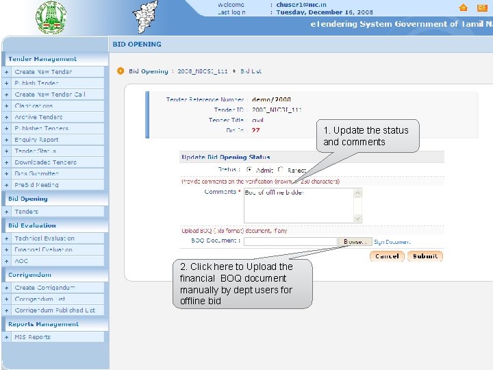 1. Update the status and comments 2. Click here to Upload the financial BOQ