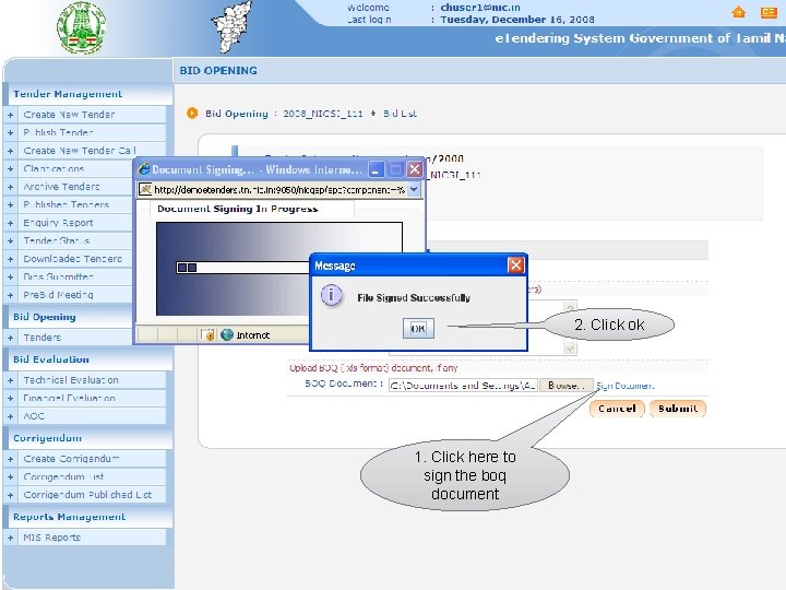 2. Click ok 1. Click here to sign the boq document 