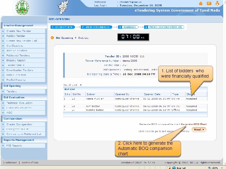 1. List of bidders who were financially qualified 2. Click here to generate the