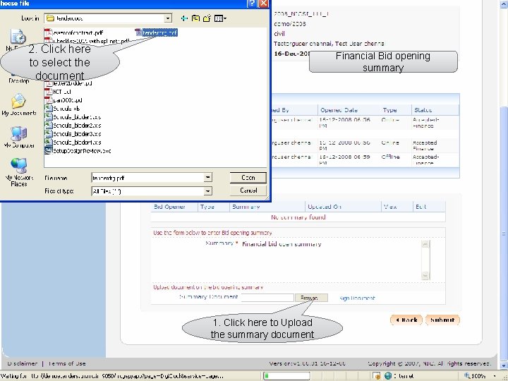 2. Click here to select the document Financial Bid opening summary 1. Click here